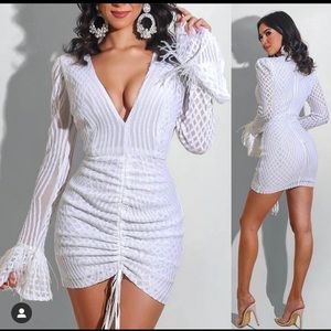 White sequin dress with feather on sleeve
